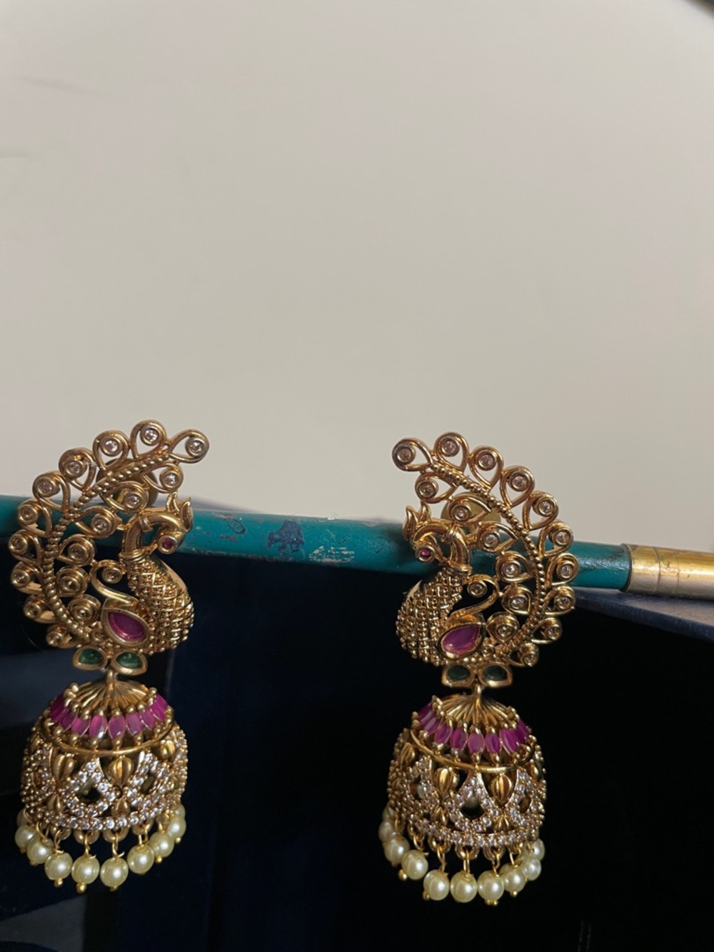 Gold-Tone Pink Peacock Jhumka Earrings - Women Jewelry